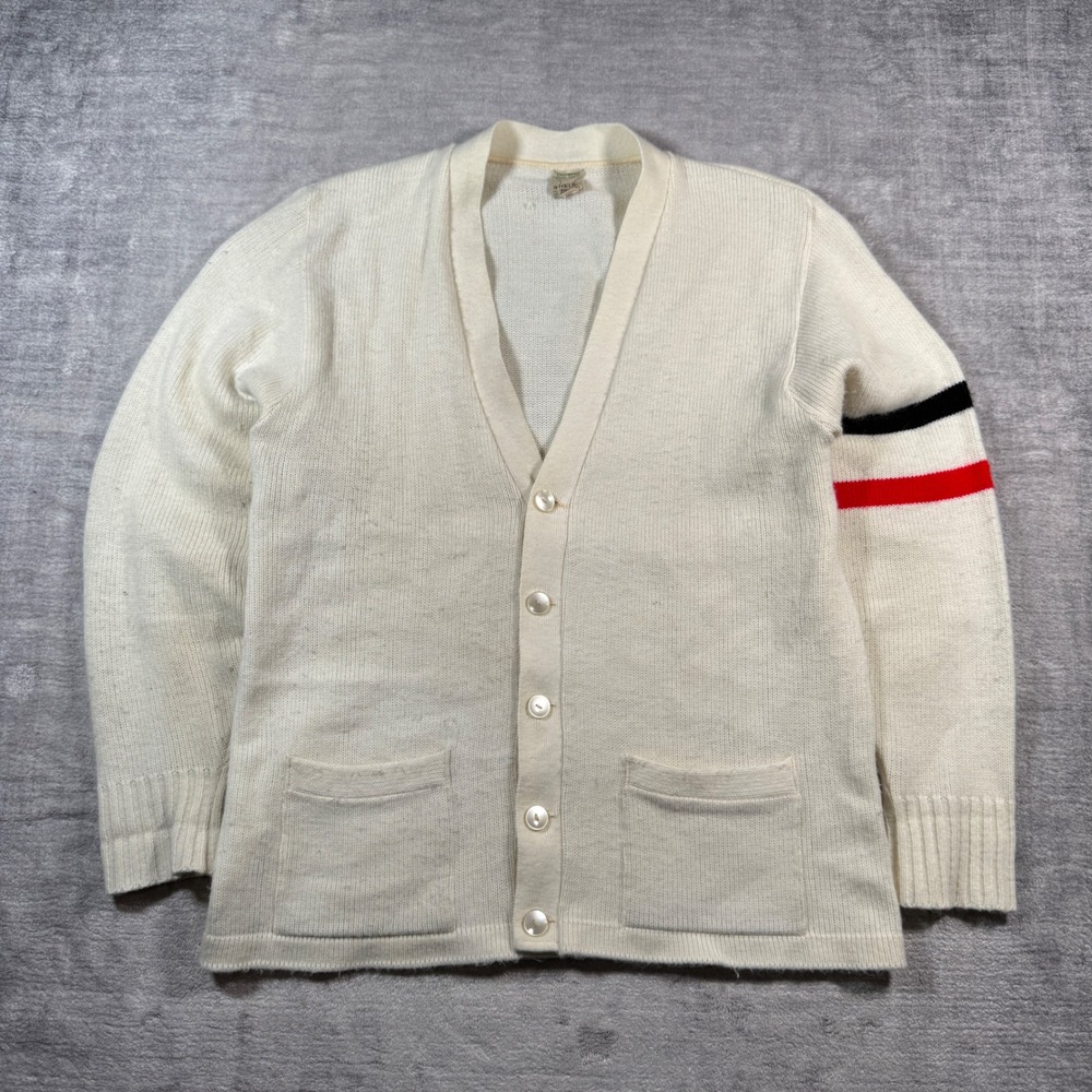 Vintage 1960s Sweater Mens Large White Shelby Cardigan Stripe Orlon Varsity